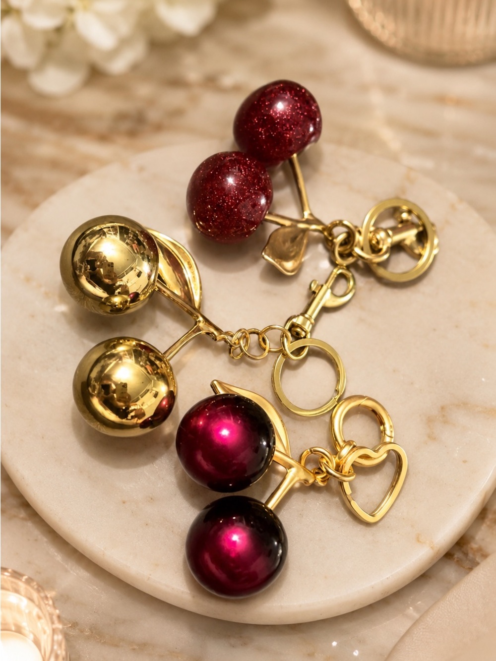 Cherry Keychain Charms Large in Shimmery Red, Ombré Red & Black and Shiny Gold 🍒